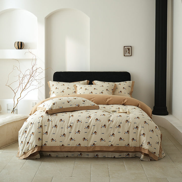 Botanical-Print Washed Cotton Duvet Cover Set with Contrast Hem and Oxford Border Pillowcases