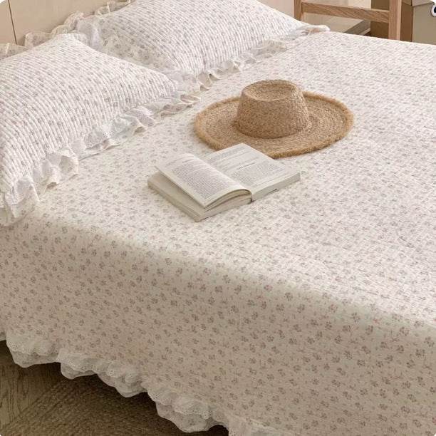 Quilted Ruffled Floral Cotton Coverlet Bedspread Set with Lace-Trim Pillow Shams
