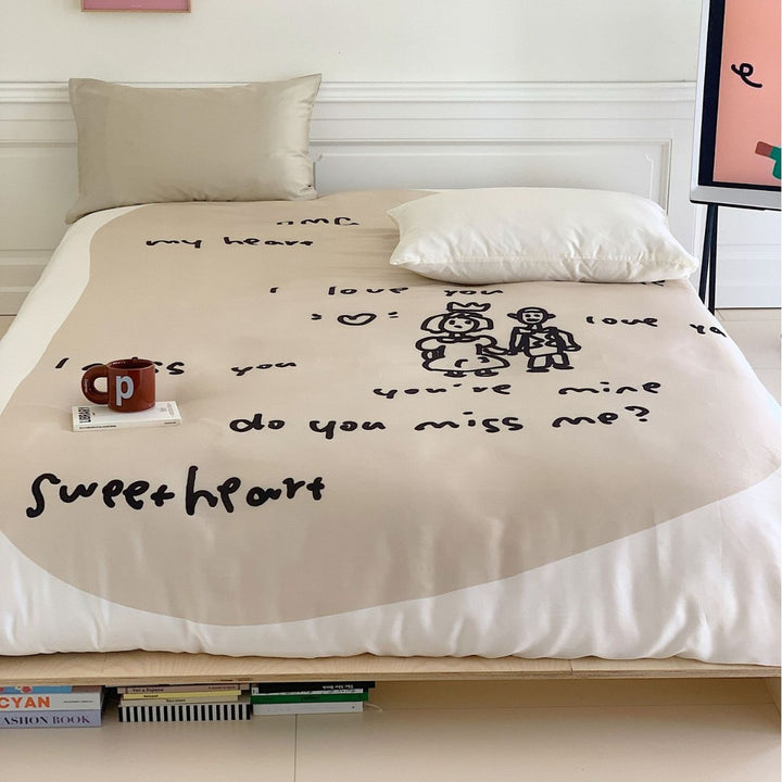 Duvet cover set with hand-drawn doodle print and breathable cotton satin