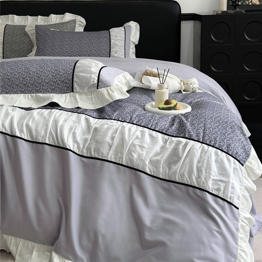 Ruffled-Edge Brushed Microfiber Duvet Cover Set with Center Floral Panel and Pillow Shams