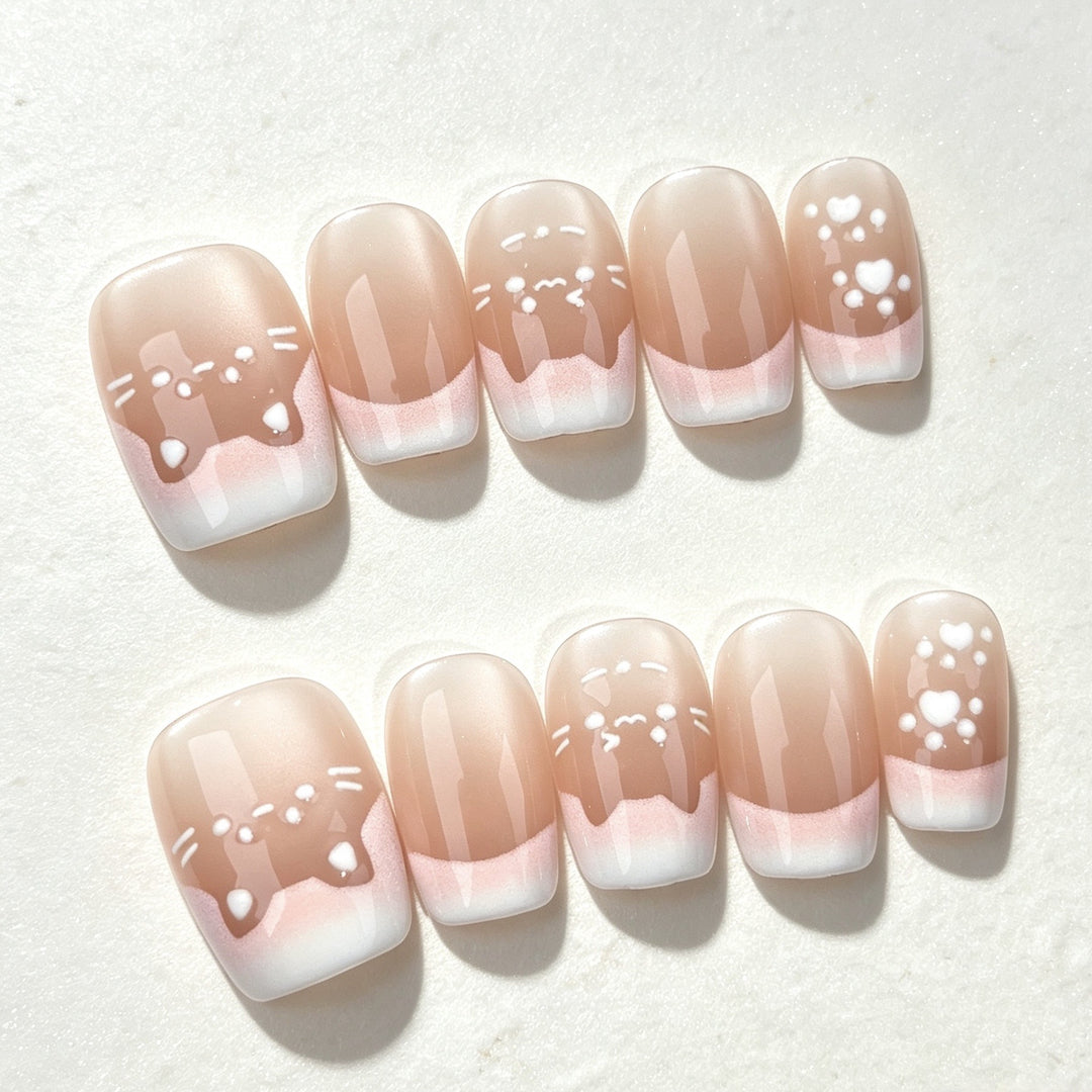 Artistic Press-On Nail Set with Whimsical Cat Designs