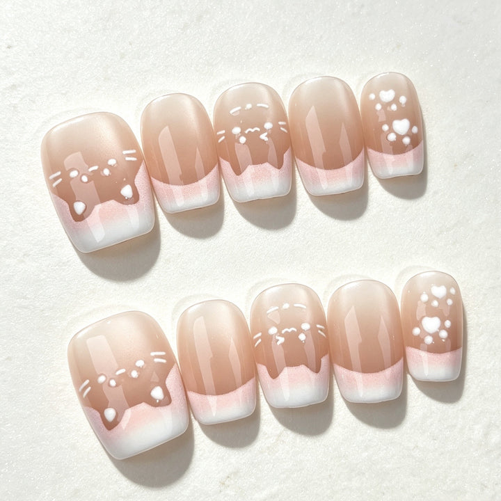Artistic Press-On Nail Set with Whimsical Cat Designs