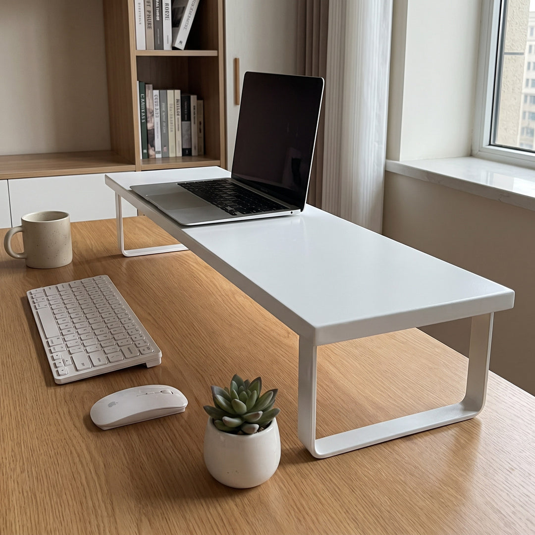 Wooden Monitor Riser Stand with Metal Frame and Cable Management