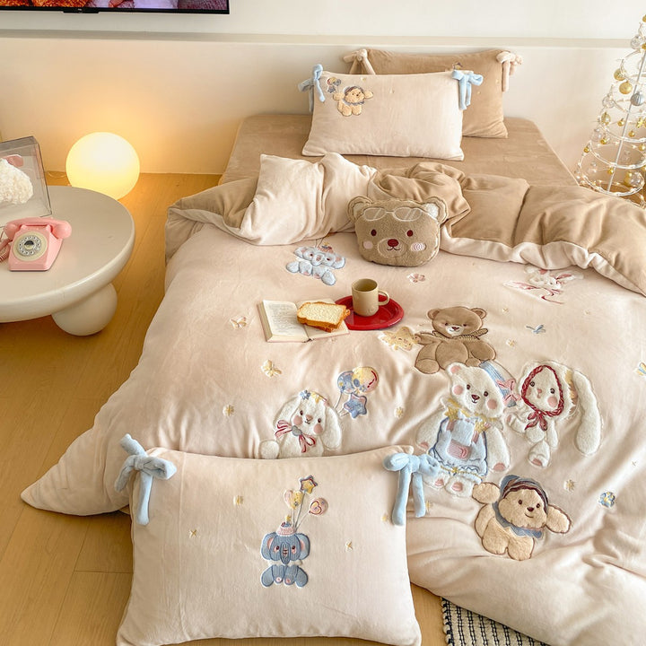Plush Embroidered Appliqué Duvet Cover Set with Bow-Tie Shams