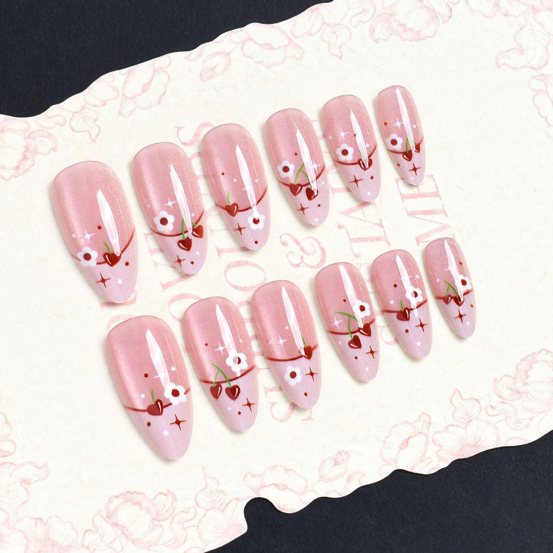 Artistic Press-On Nail Set with Cherry Blossom Design Stornfield