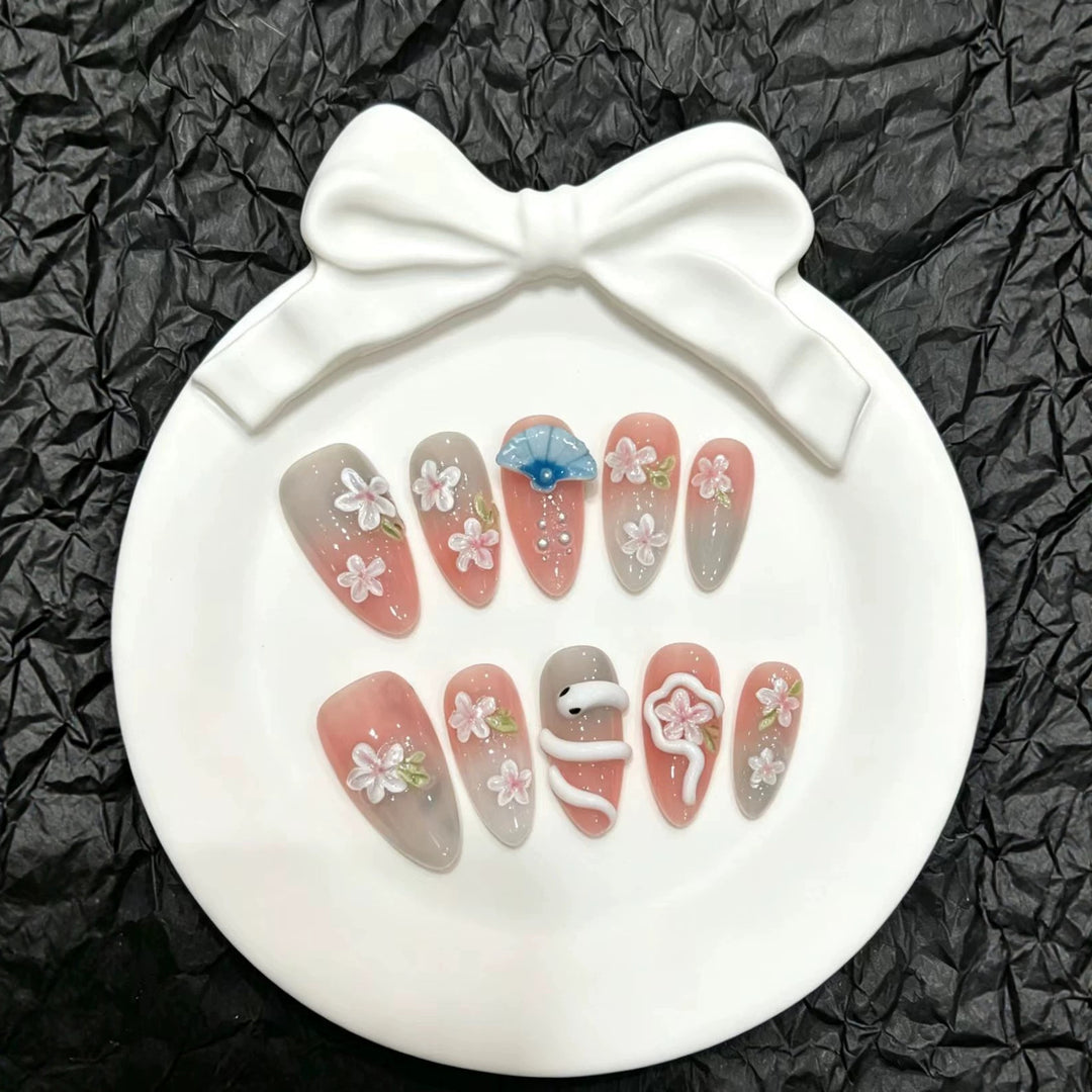 Decorative Press-On Nail Art Set with Floral and Umbrella Accents
