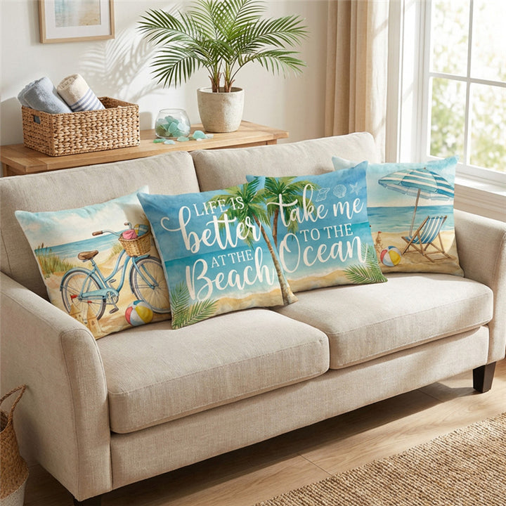 Scenic Watercolor Beach Bicycle Linen Pillow Cover with Basket & Sandcastle Illustration
