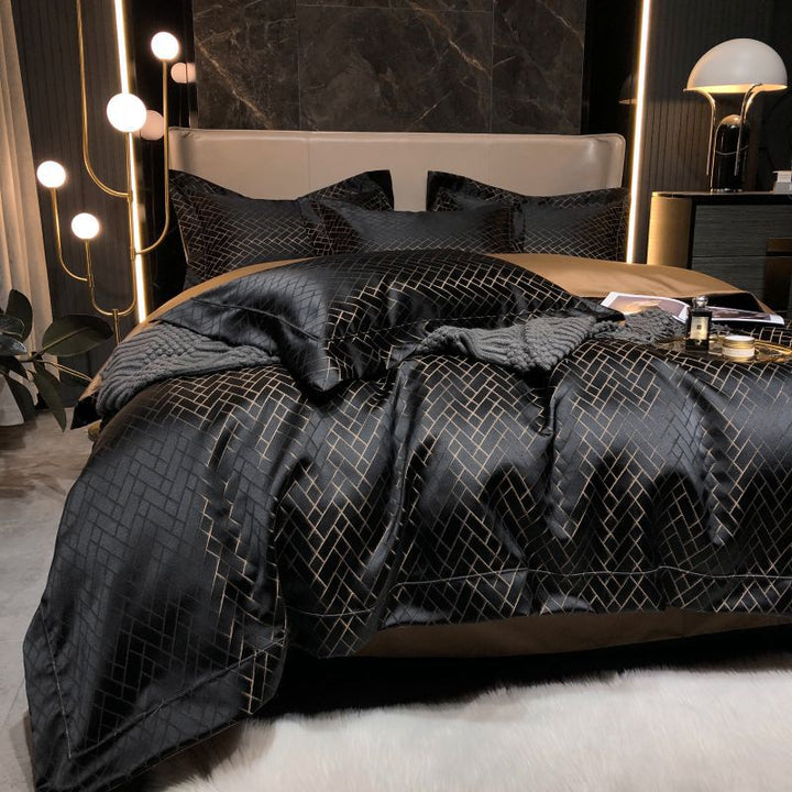 Luxury Satin Jacquard Geometric Duvet Cover and Pillowcase Bedding Set