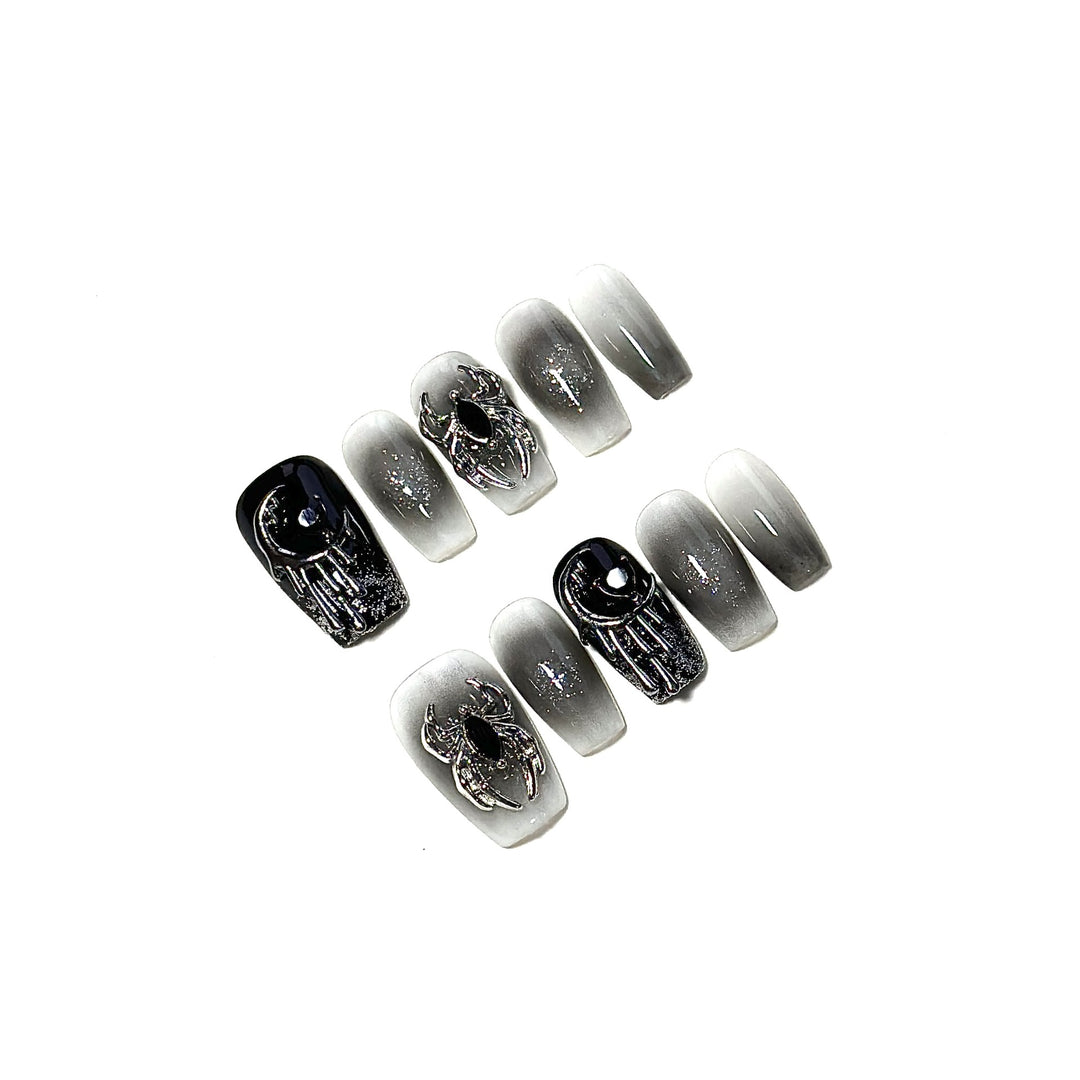 Gothic Nail Art Press-On Nails with Spider and Glitter Accents