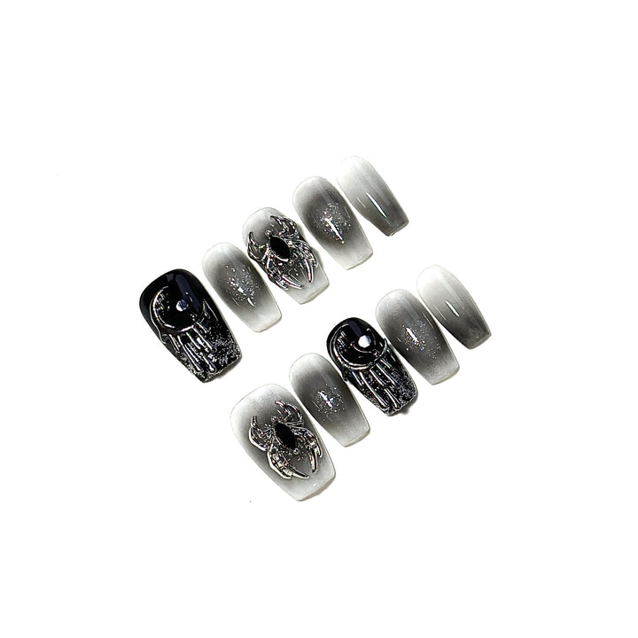 Gothic Nail Art Press-On Nails with Spider and Glitter Accents