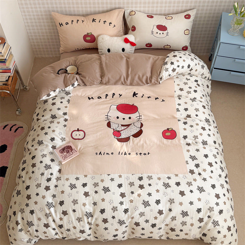 Cute Cartoon Puppy Cotton Duvet Cover Set with Pillow Shams and Reversible Floral Border