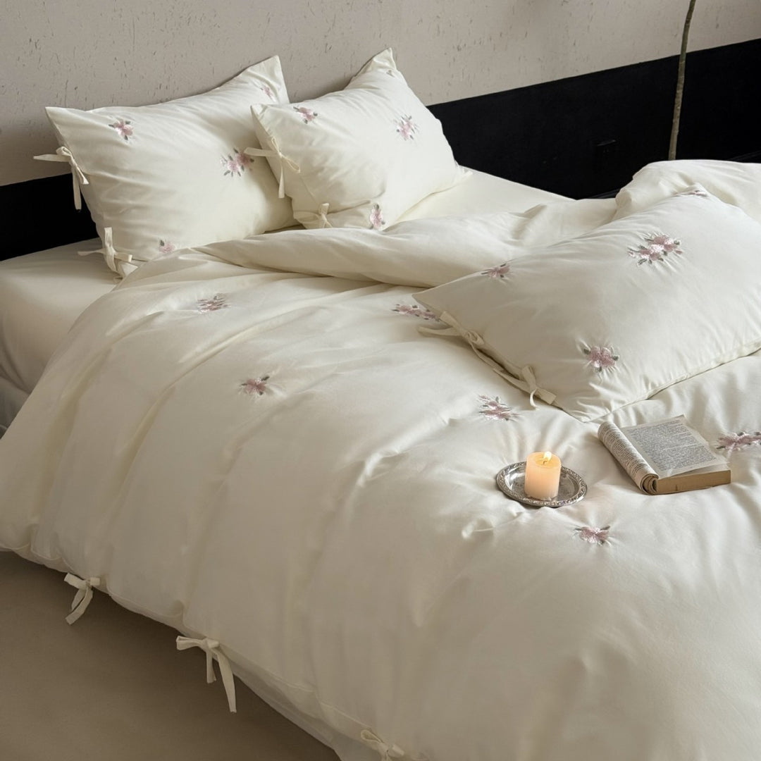 Embroidered Cotton Sateen Duvet Cover Set with Tie Closures and Scattered Floral Motif