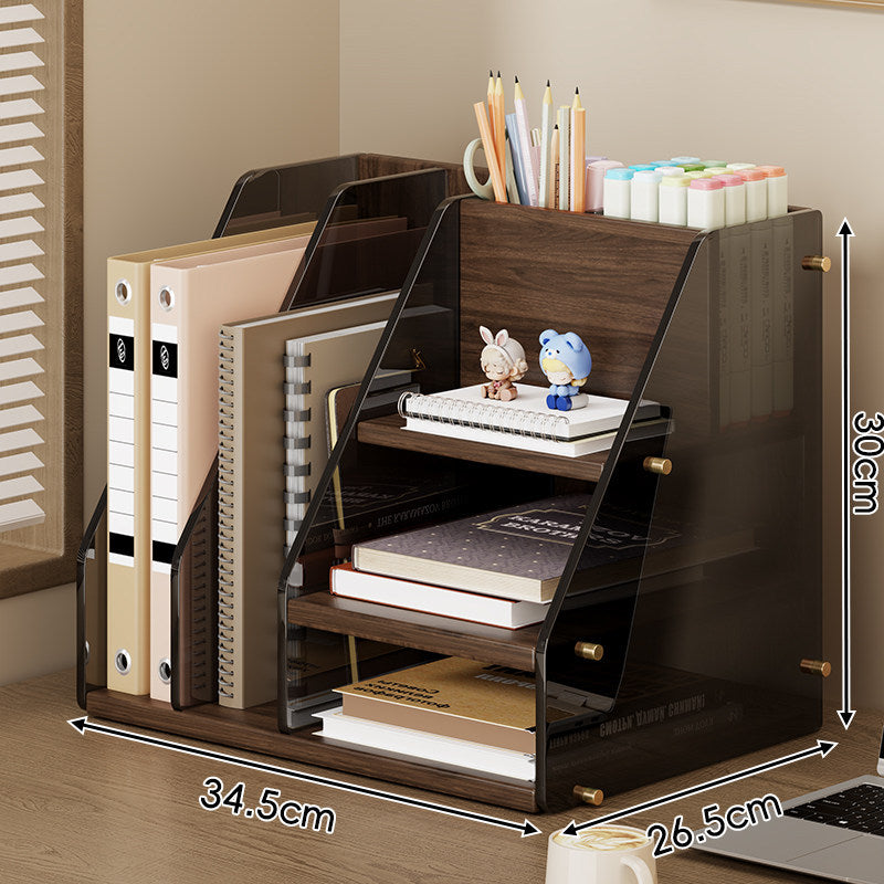 Wood-Accent Acrylic Multi-Tier Desktop Organizer with Adjustable Shelves