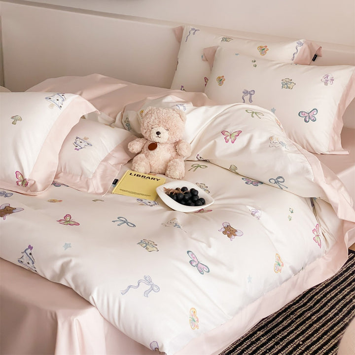 Playful Pastel Printed Cotton Sateen Duvet Cover Set with Satin Border and Pillow Shams