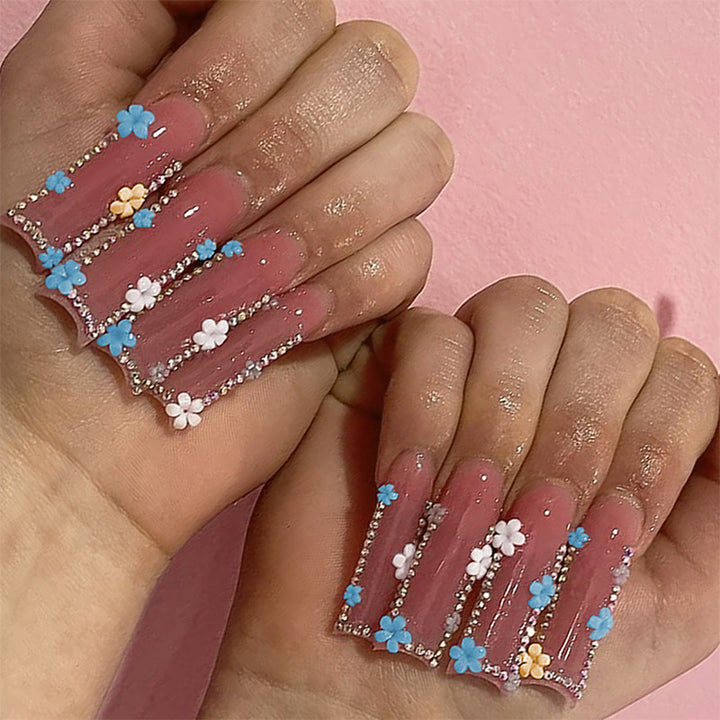 Decorative Press-On Nail Set with Floral and Gemstone Accents Stornfield