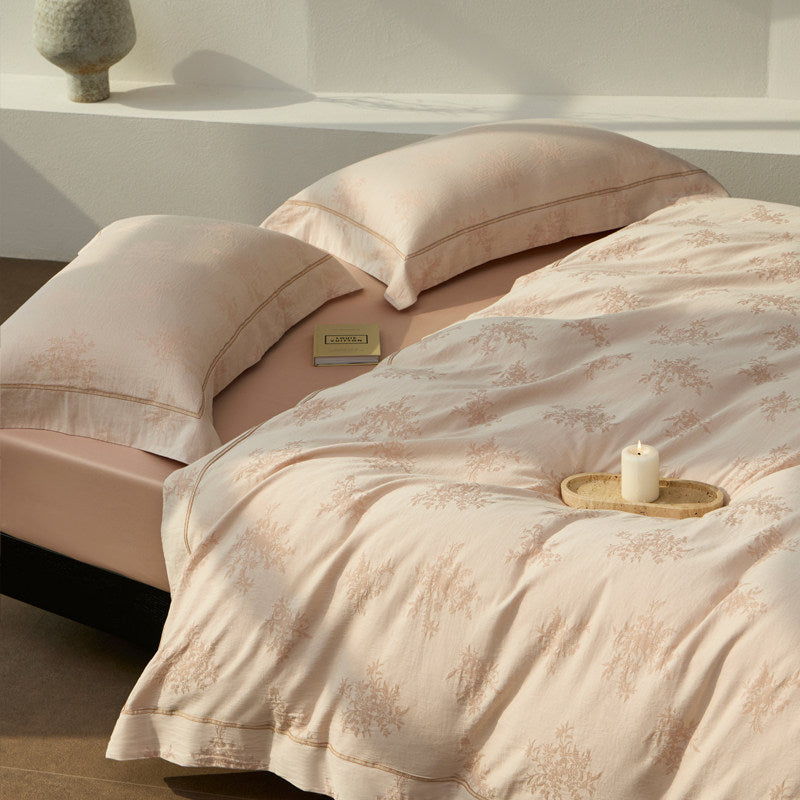 Botanical Jacquard Cotton-Sateen Duvet Cover Set with Contrast Piping