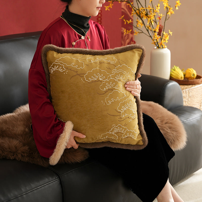 Square velvet cushion cover with intricate embroidery and faux fur trim Stornfield