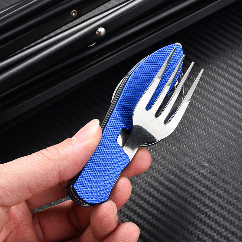 folding stainless steel camping cutlery set with textured grip locking hinge and compact travel clip Stornfield