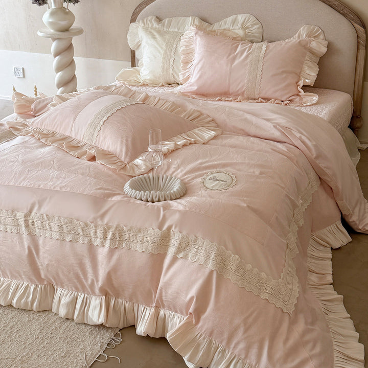 Ruffled Lace-Trimmed Satin-Accent Duvet Cover Bedding Set