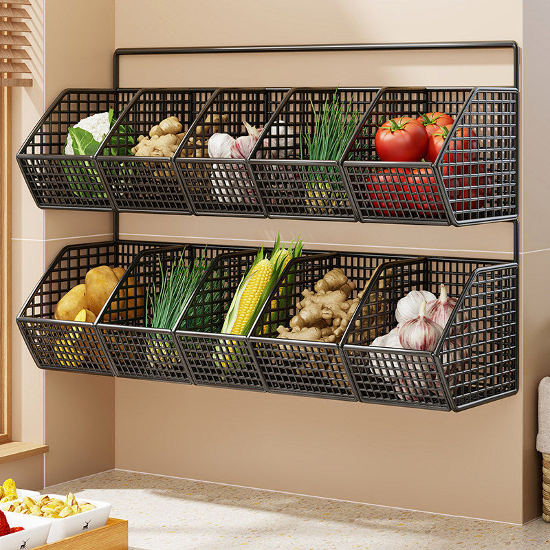 Wall-Mounted Dual-Tier Ventilated Kitchen Produce Storage Basket