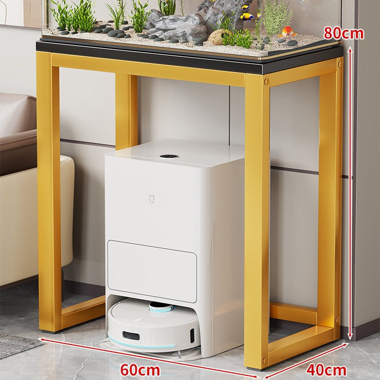 Gold Metal Aquarium Console Table with Faux Marble Top and Robot Vacuum Storage