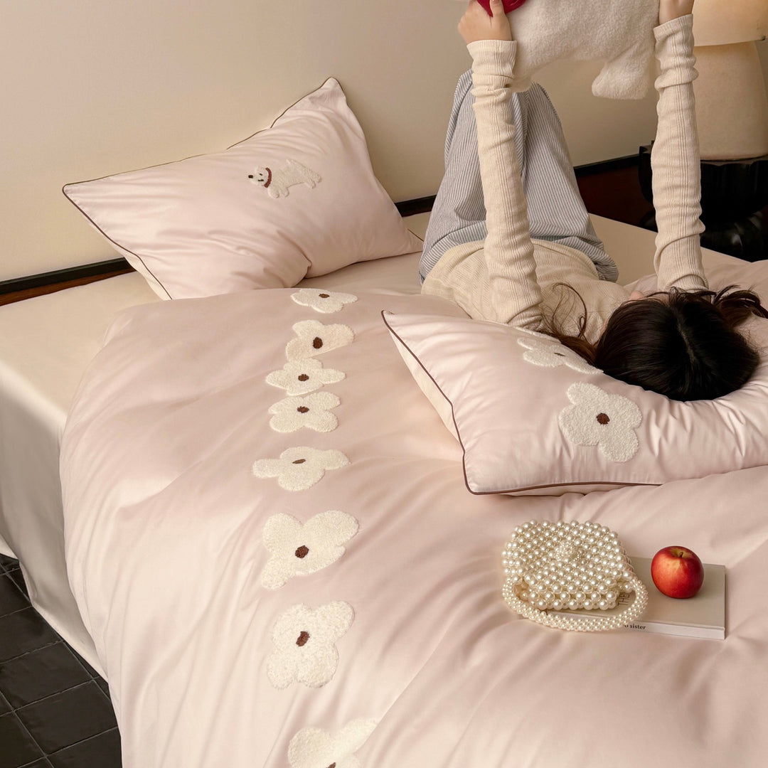 Floral Appliqué Satin Bedding Set with Tufted Flower Pillowcases
