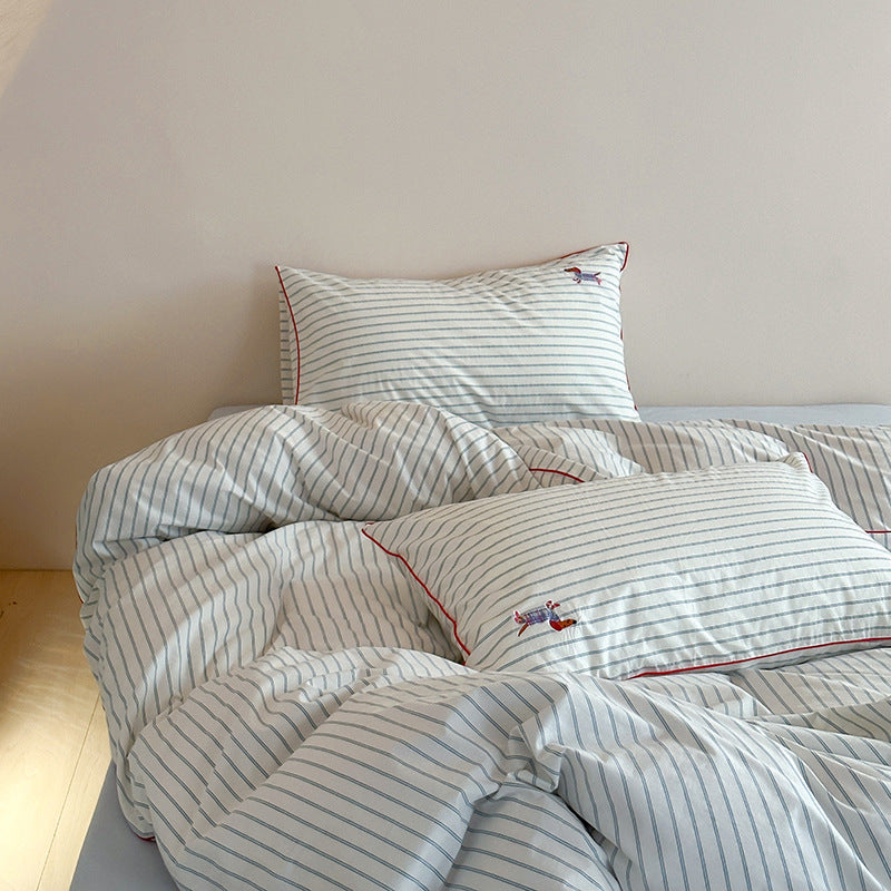 Striped Cotton Percale Duvet Cover Set with Piped Edge and Embroidered Motif