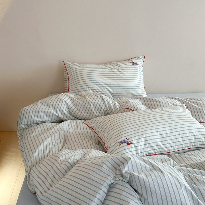 Striped Cotton Percale Duvet Cover Set with Piped Edge and Embroidered Motif