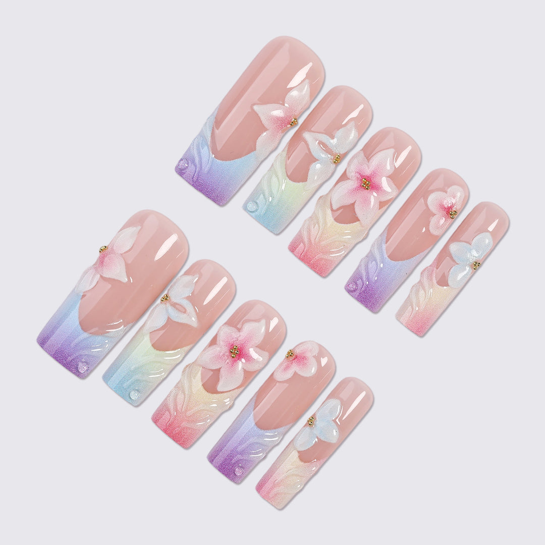 Artificial nail set with floral designs and elegant ombre effect Stornfield