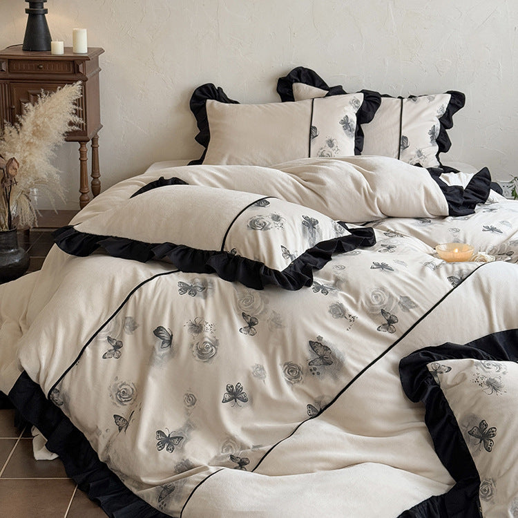 Ruffled Floral and Butterfly Cotton Duvet Cover Set with Piped Trim