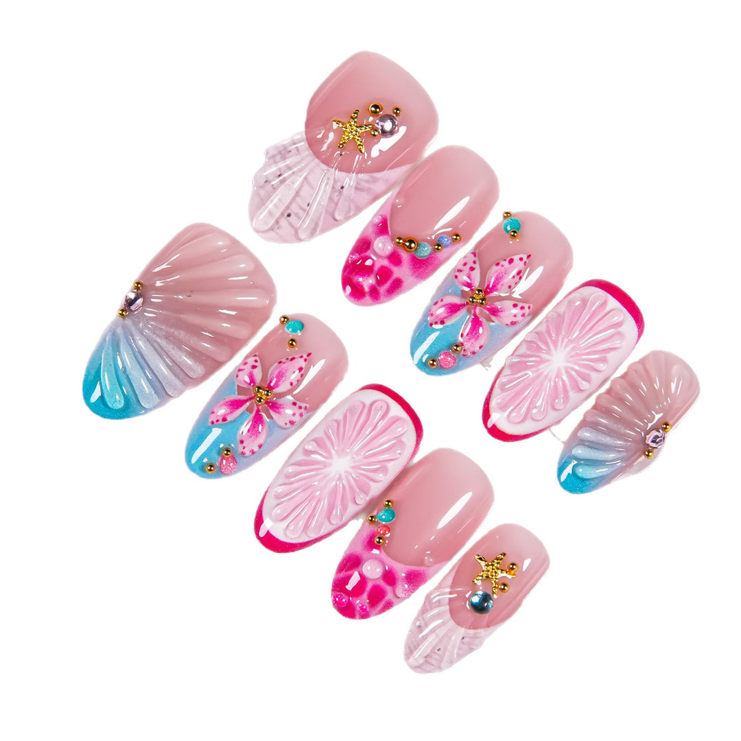 Artistic Press-On Nail Set with Floral Accents