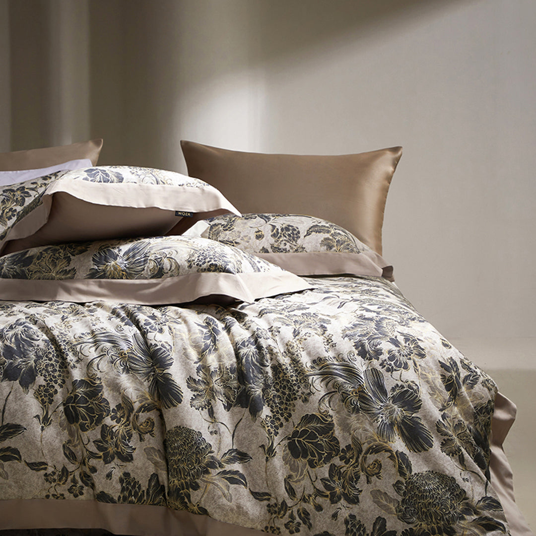 Botanical Rose-Motif Cotton Sateen Duvet Cover Set with Silk-Feel Border