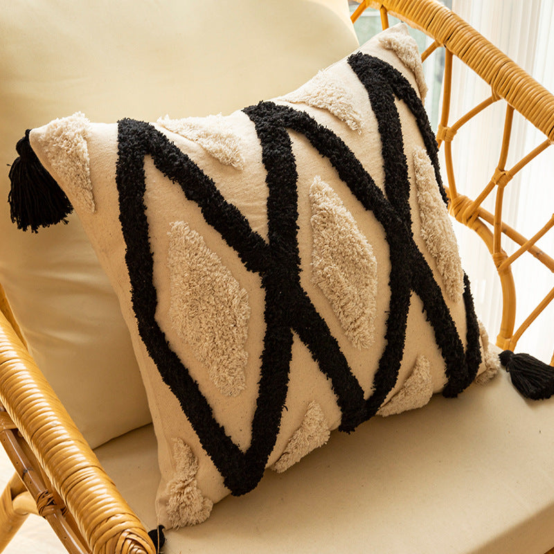 Boho Textured Tufted Diamond Throw Pillow with Tassel Corners and Removable Cover