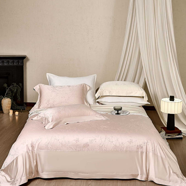 Satin bed linen set with floral jacquard texture and fine hem detail
