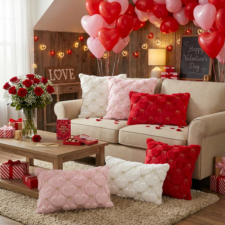 Valentine's Plush Heart Embossed Decorative Throw Pillow Cover