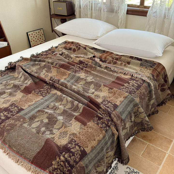 Woven Jacquard Patchwork Throw Blanket with Fringed Edges