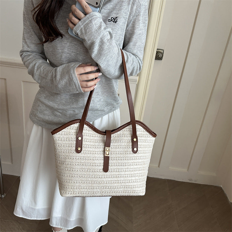 Woven Straw Tote Bag with Leather Accents