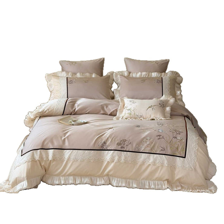 Premium cotton satin duvet cover set with pleated ruffle and delicate bird and flower embroidery