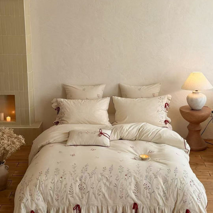 Embroidered Botanical Ruffled Duvet Cover Set with Tie-Bow Accents
