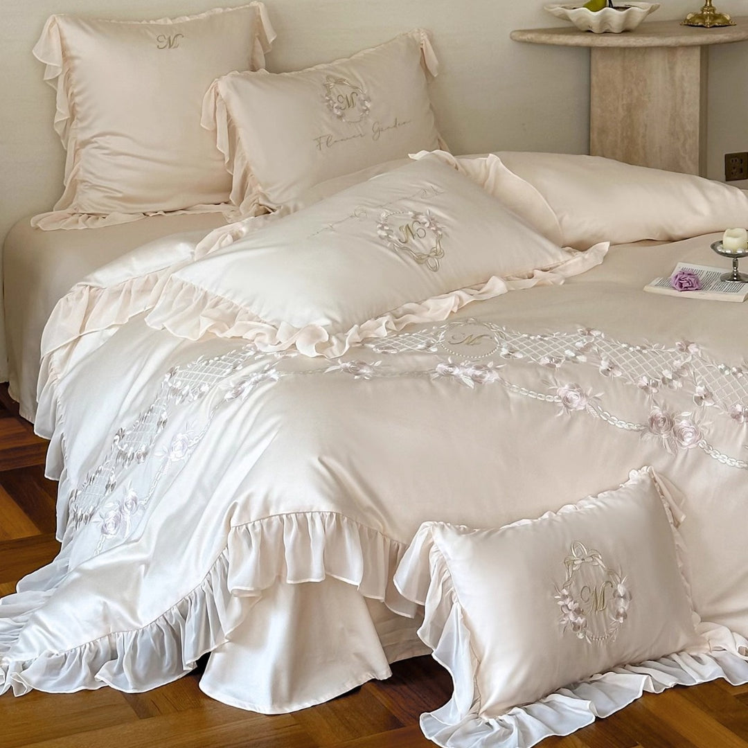 Romantic Ruffle-Trim Satin-Blend Floral Embroidered Duvet Cover Set