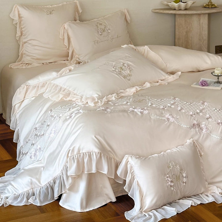 Romantic Ruffle-Trim Satin-Blend Floral Embroidered Duvet Cover Set