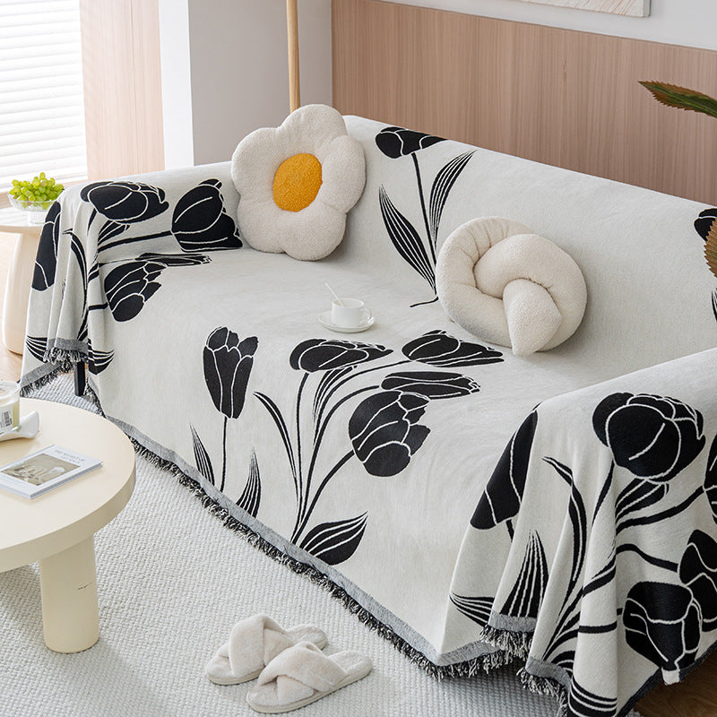 Floral Jacquard Fringed Sofa Throw Cover Cotton-Linen Blend