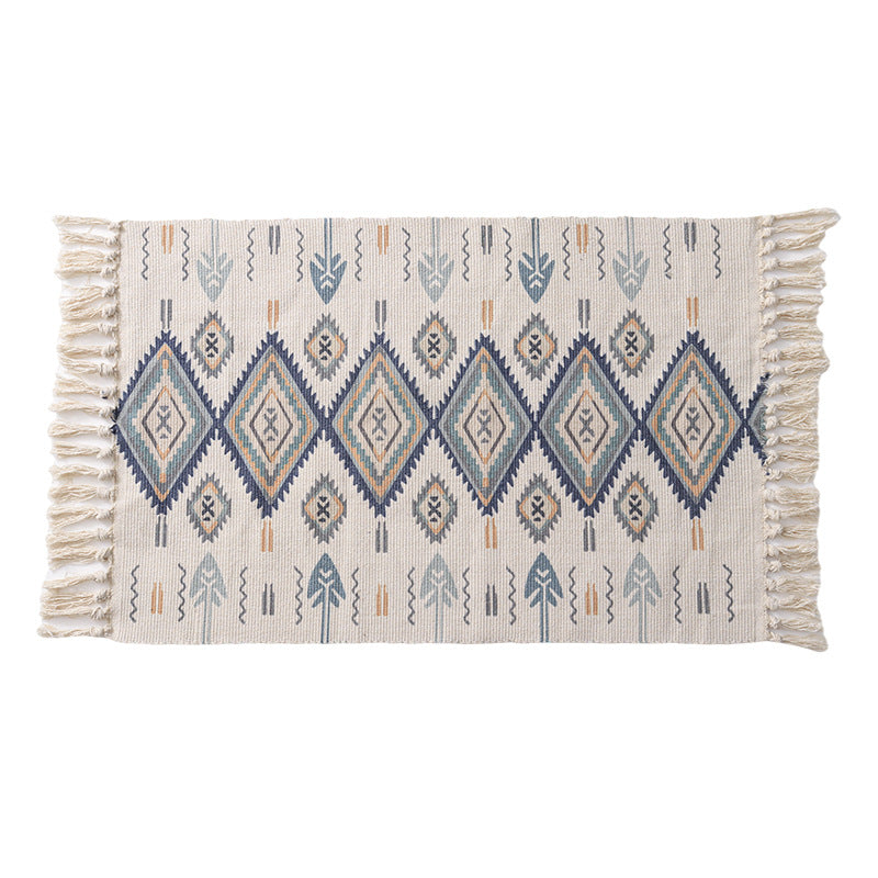 Handwoven cotton table runner with mandala jacquard and decorative fringes