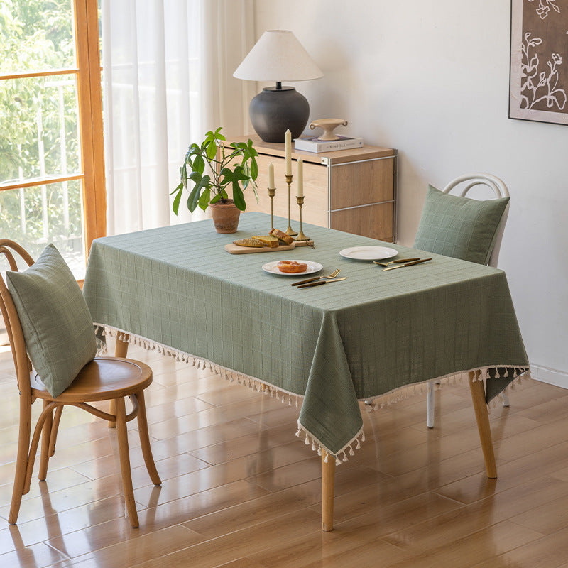 Rectangular Textured Cotton-Linen Tablecloth with Knotted Tassel Fringe and Matching Accent Pillow Covers