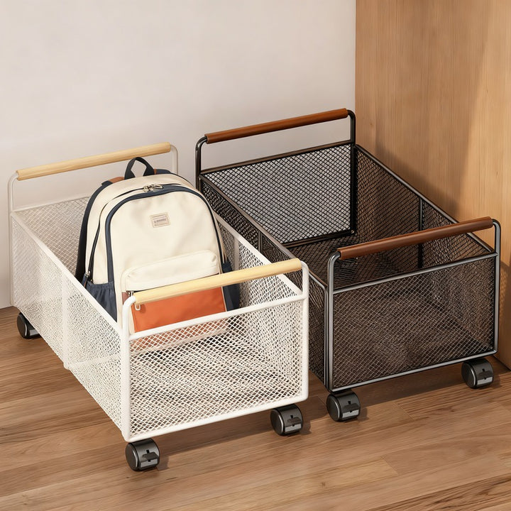 Metal Mesh Floor Storage Crate with Wooden Carry Handles