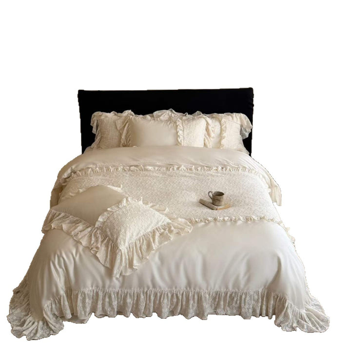 Luxurious Ruffled Lace Embroidered Duvet Cover Set with Satin Sheet