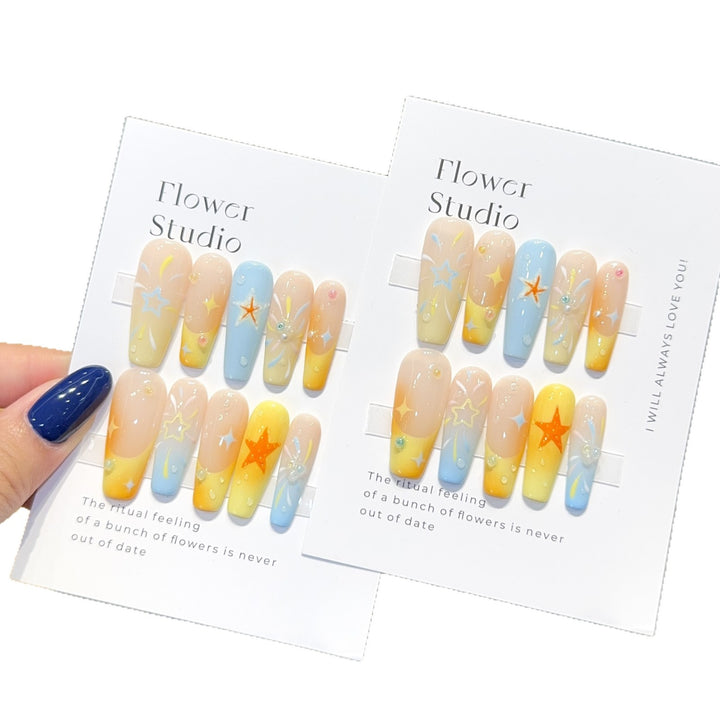Artificial Nails Set with Colorful Stars and Floral Design Stornfield
