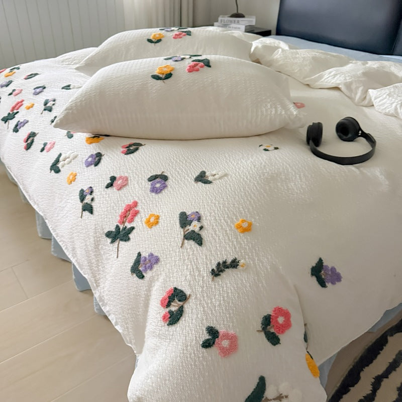 Textured Embroidered Floral Duvet Cover Set with Tufted Appliqué