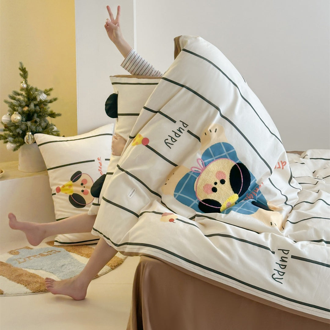 Children's Cartoon Puppy Duvet Cover Bedding Set with Reversible Stripe Pattern and Pillow Shams