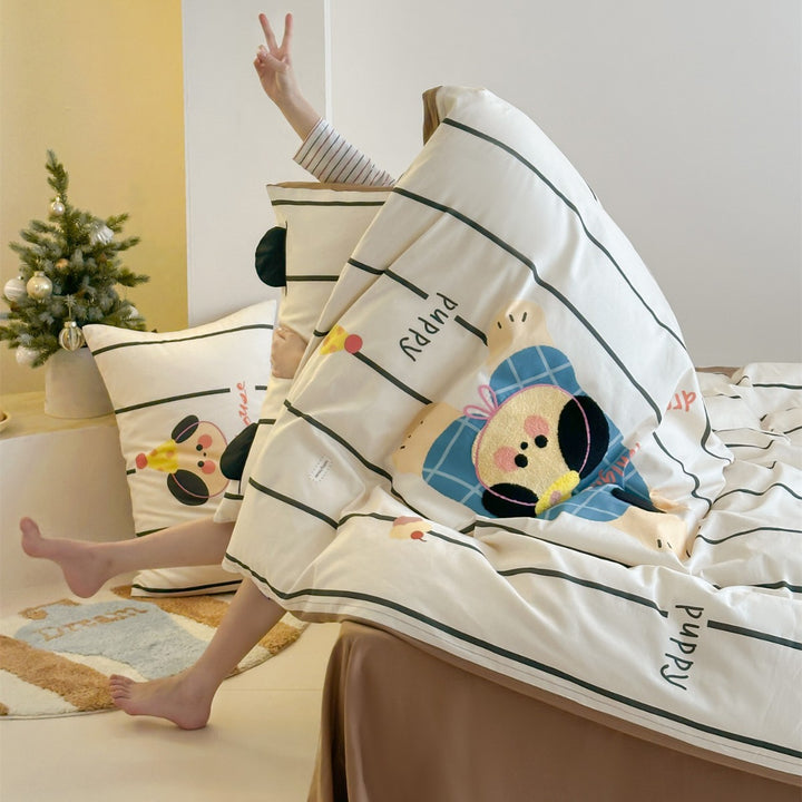Children's Cartoon Puppy Duvet Cover Bedding Set with Reversible Stripe Pattern and Pillow Shams